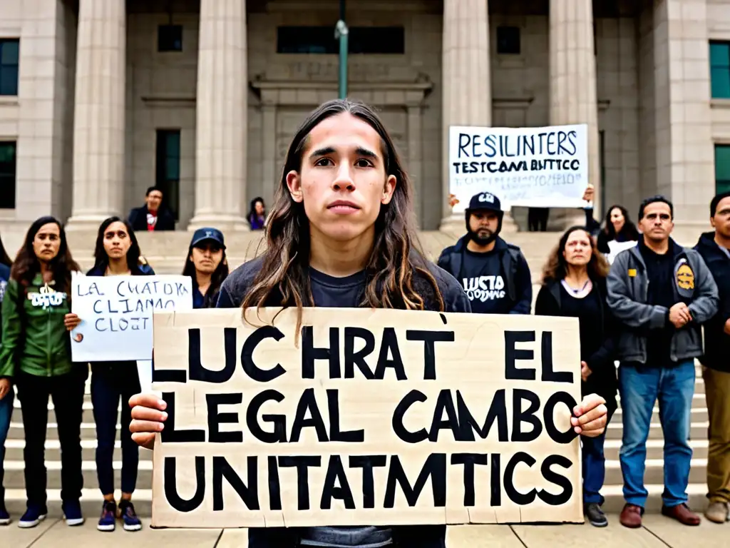 Xiuhtezcatl Martínez lidera casos emblemáticos niños defensores ambiental frente a la corte, rodeado de partidarios determinados bajo un cielo nublado