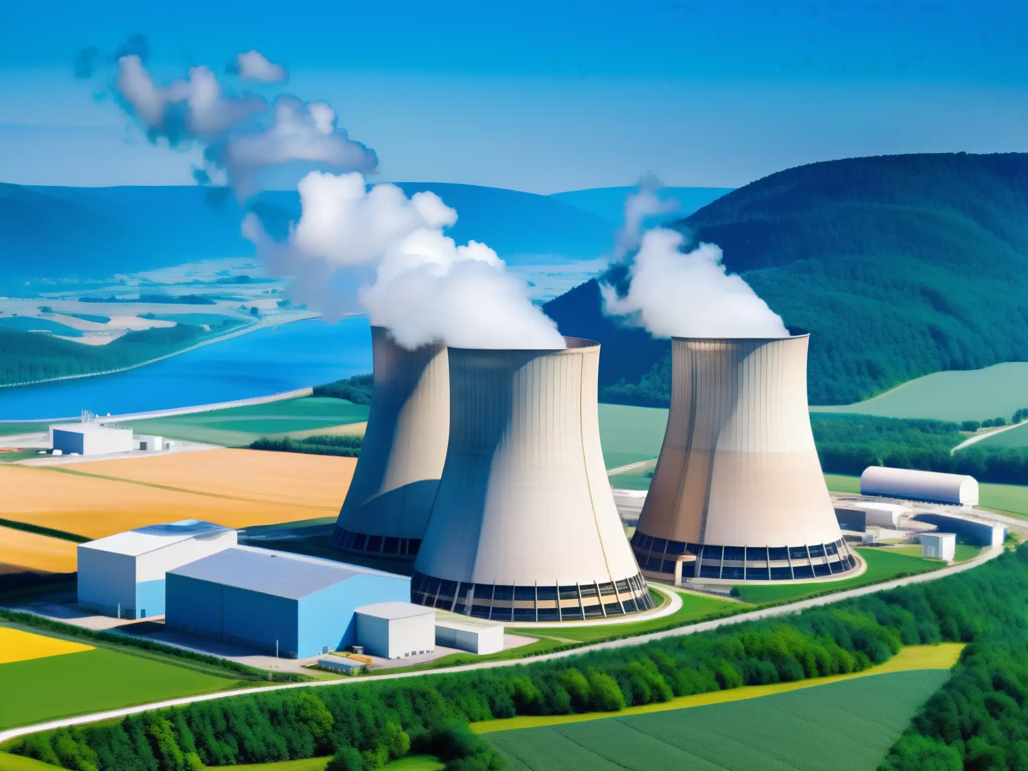 Planta nuclear: armonía entre tecnología y naturaleza Una central nuclear en armonía con el paisaje, simbolizando la coexistencia de la energía nuclear y la salvaguarda ambiental