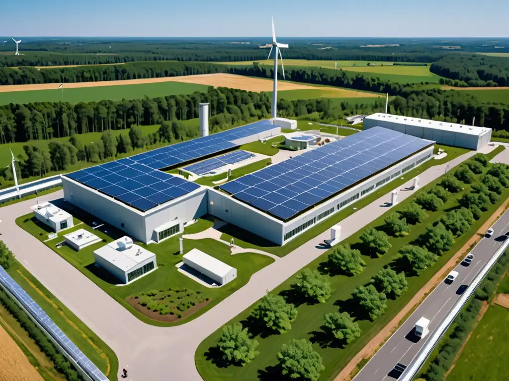 Centro de investigación sostenible: innovación tecnológica y energía limpia Un centro de investigación industrial con paneles solares, científicos y molinos eólicos, capturando la legislación ambiental y la tecnología limpia