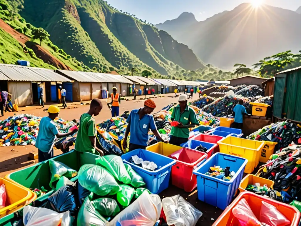 Centro de reciclaje africano con trabajadores clasificando plásticos coloridos, montañas y vegetación exuberante al fondo