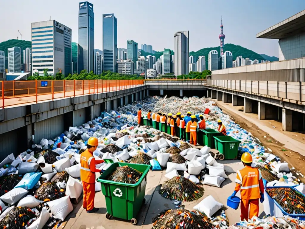 Un centro de reciclaje bullicioso en el centro de Seúl, Corea del Sur, con filas de contenedores meticulosamente clasificados para papel, plástico, vidrio y metal