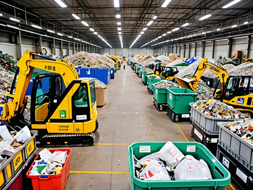 Un centro de reciclaje bullicioso en Corea del Sur, con trabajadores clasificando residuos y maquinaria procesando materiales en el fondo