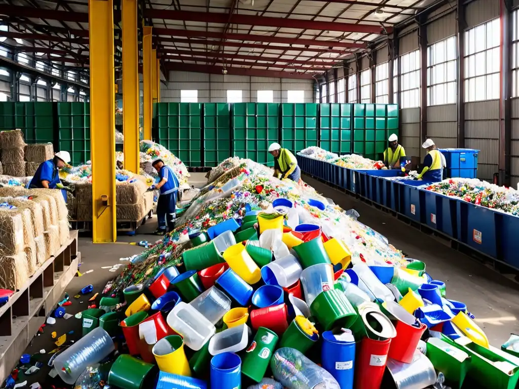 Un centro de reciclaje bullicioso, con trabajadores clasificando materiales reciclables