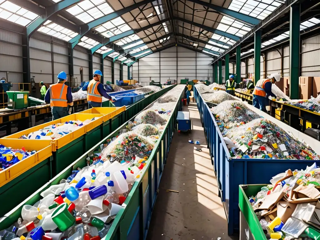 Un centro de reciclaje bullicioso con trabajadores clasificando plástico, vidrio y papel