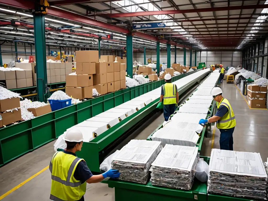 Un centro de reciclaje bullicioso, con trabajadores clasificando materiales en cintas transportadoras y máquinas procesando artículos reciclables