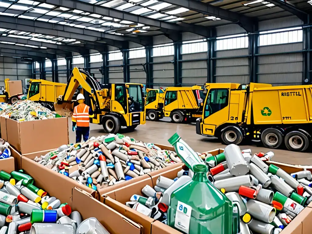 Un centro de reciclaje bullicioso con trabajadores clasificando diversos tipos de desechos, mientras la maquinaria procesa materiales al fondo