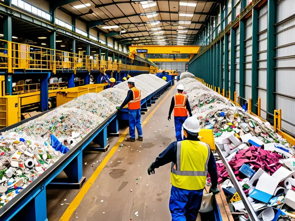 Un centro de reciclaje bullicioso, trabajadores clasificando materiales reciclables, maquinaria compactando