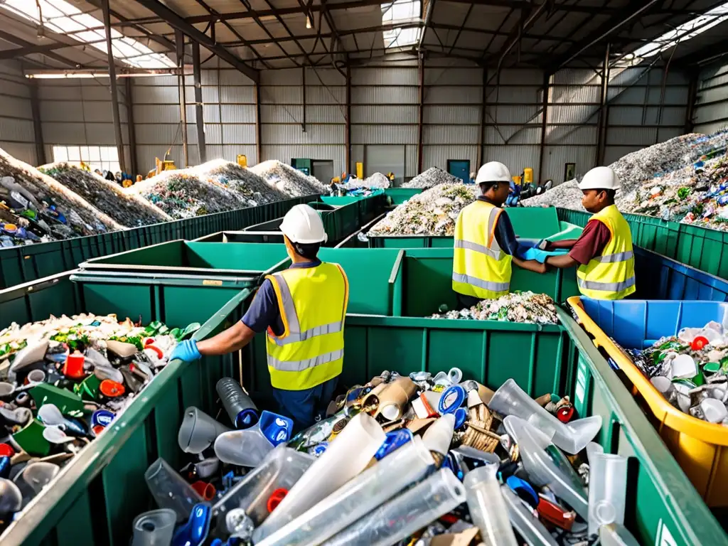 Un centro de reciclaje bullicioso, con trabajadores clasificando materiales reciclables