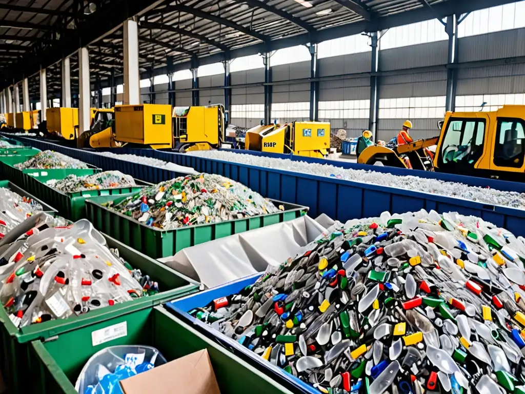 Un centro de reciclaje bullicioso con trabajadores clasificando plástico, vidrio y metal