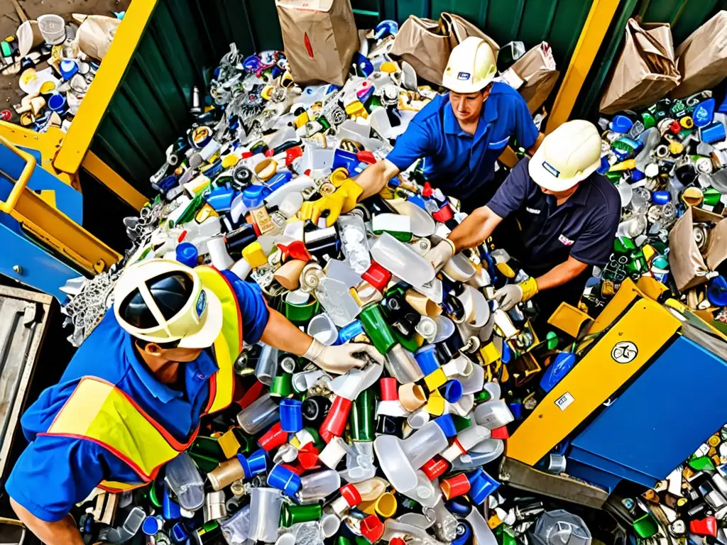 Un centro de reciclaje industrial con trabajadores separando materiales reciclables