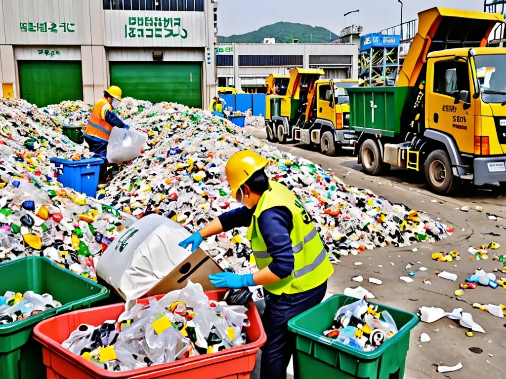 Centro de reciclaje moderno en Corea del Sur, con trabajadores procesando residuos coloridos