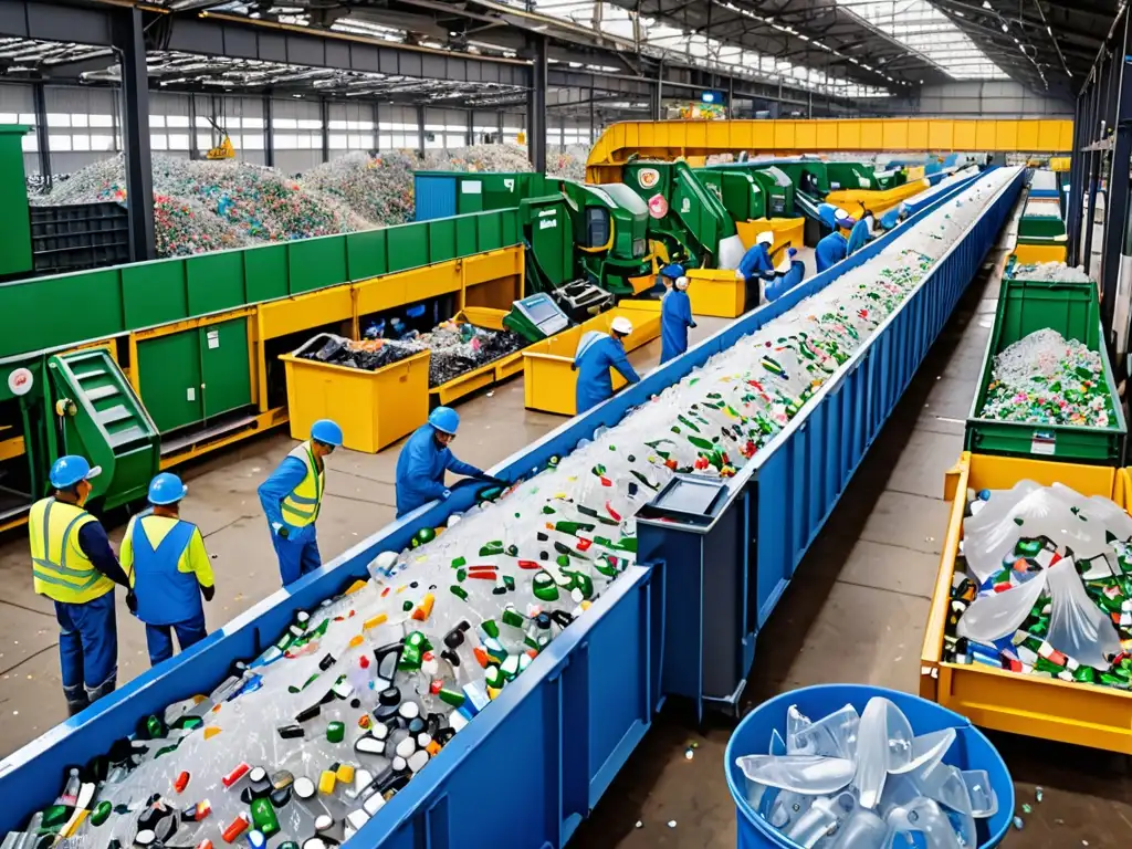 Centro de reciclaje moderno con trabajadores clasificando materiales y maquinaria avanzada