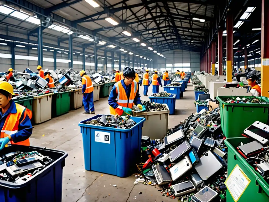 Centro de reciclaje de residuos electrónicos en Asia: trabajadores clasificando y procesando ewaste con luces industriales