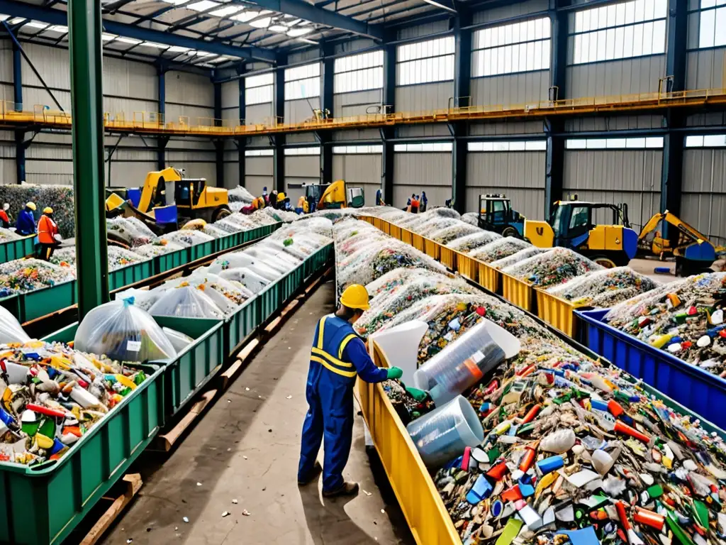 Centro de reciclaje con trabajadores ordenando materiales, destacando la importancia de la legislación sobre residuos reciclaje América