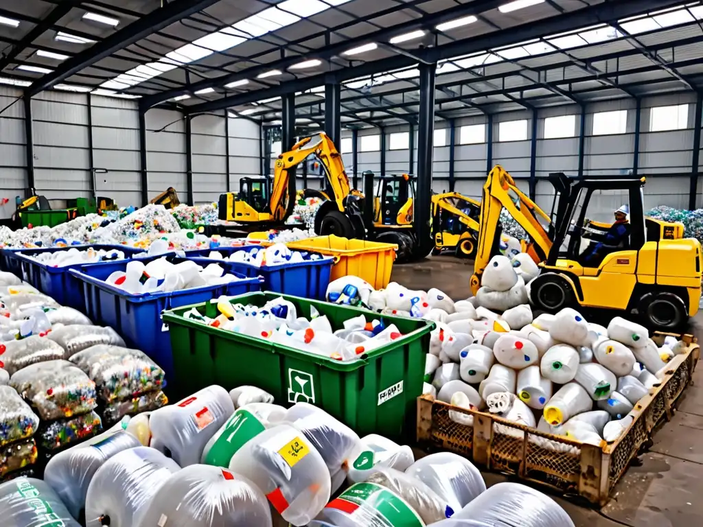 Centro de reciclaje con trabajadores clasificando plástico, maquinaria procesando materiales y fardos listos para transportar