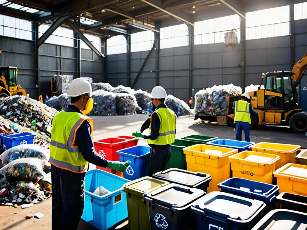 Un centro de reciclaje urbano bullicioso, con trabajadores separando materiales reciclables bajo la luz solar