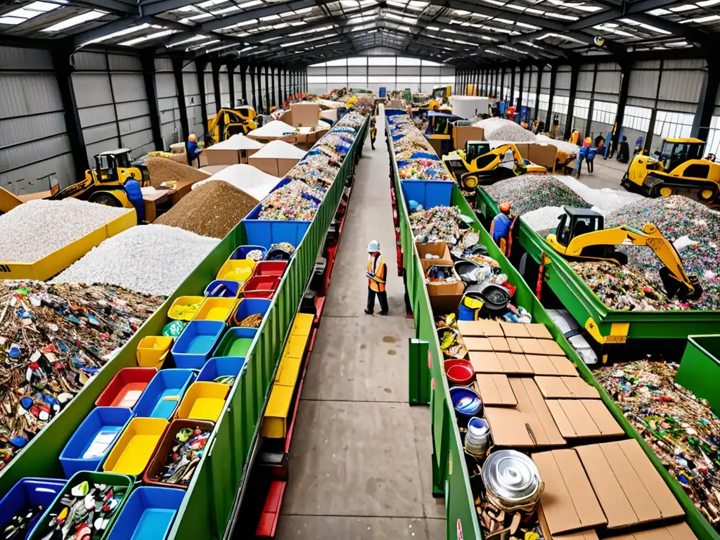 Un centro de reciclaje urbano lleno de actividad y color, muestra casos de éxito en sostenibilidad corporativa con precisión y eficiencia