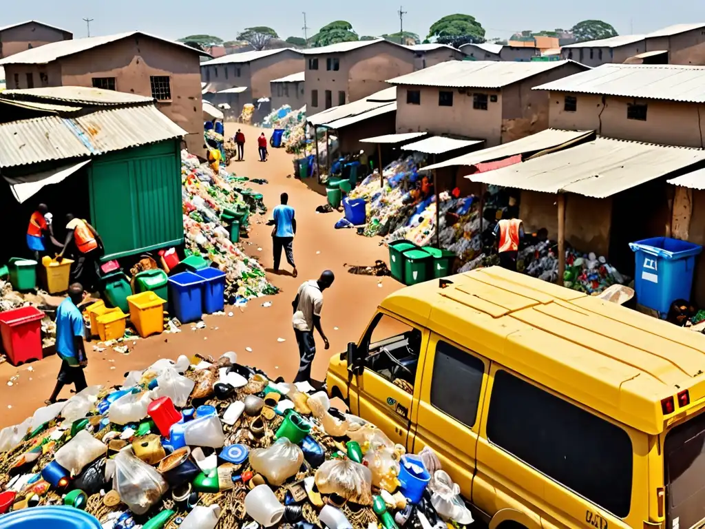 Un centro de gestión de residuos en una ciudad africana, donde los trabajadores clasifican materiales reciclables bajo el sol abrasador