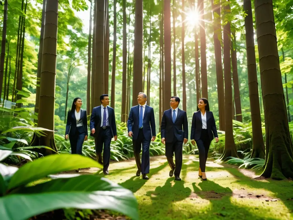 CEOs liderando el camino hacia un futuro ambientalmente consciente, inmersos en la naturaleza exuberante, con determinación y enfoque