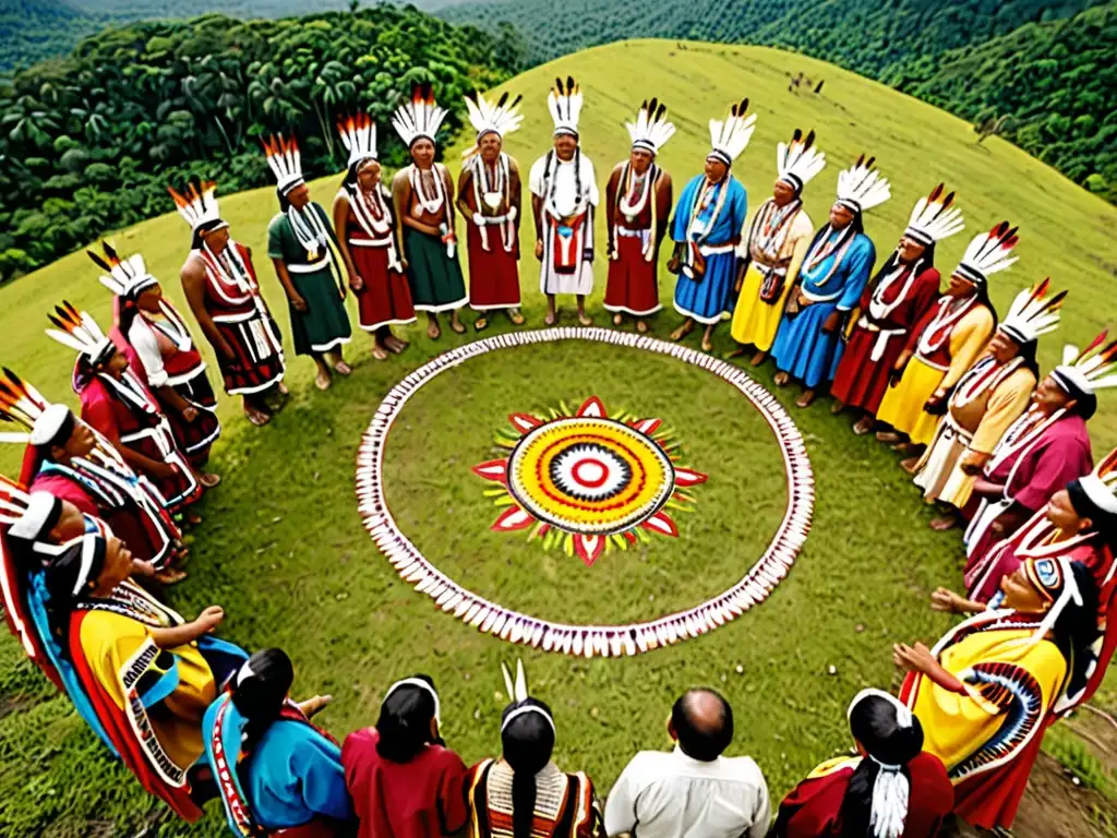 Ceremonia de unión indígena en paisaje exuberante Colaboración intertribal en ceremonia para defensa de territorios, uniendo culturas en paisaje exuberante
