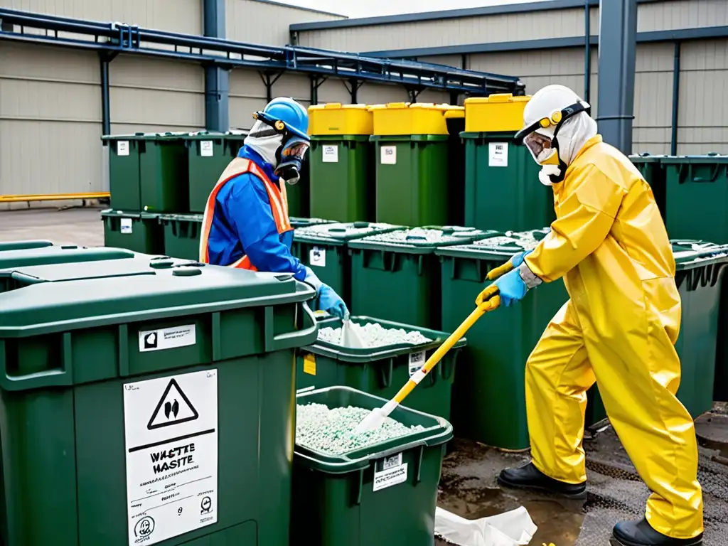 Certificación ambiental residuos peligrosos: Personal en instalación de gestión de residuos peligrosos, cumpliendo estrictas normativas ambientales