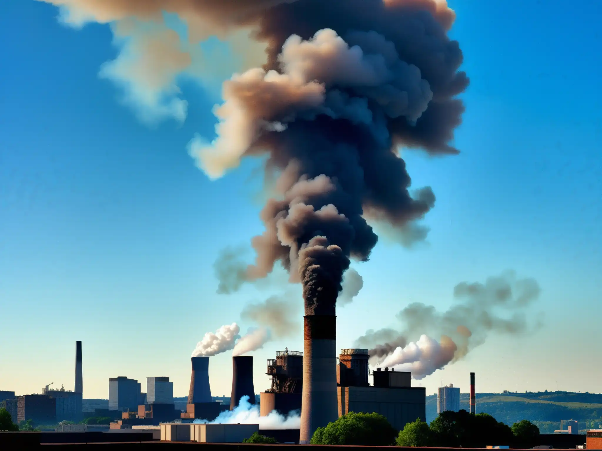 Una chimenea emite humo denso en el aire, con la ciudad de fondo y un cielo azul claro