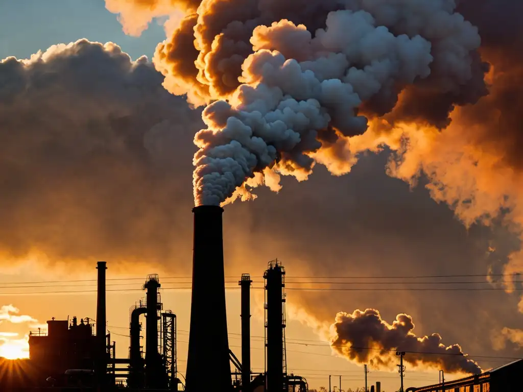 Una chimenea emitiendo humo denso en contraste con el atardecer, rodeada de edificios industriales y maquinaria, mostrando el impacto ambiental