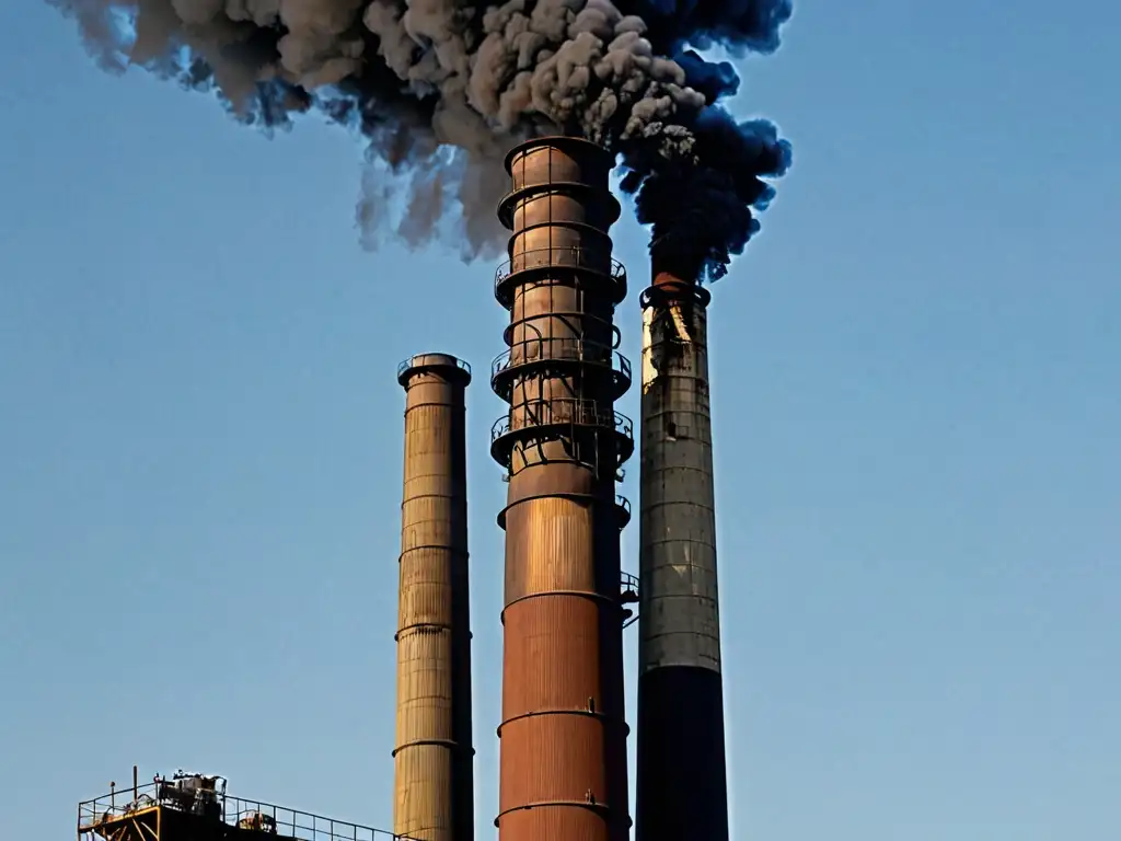 Una chimenea industrial emite densas nubes de contaminación, contrastando con el cielo azul