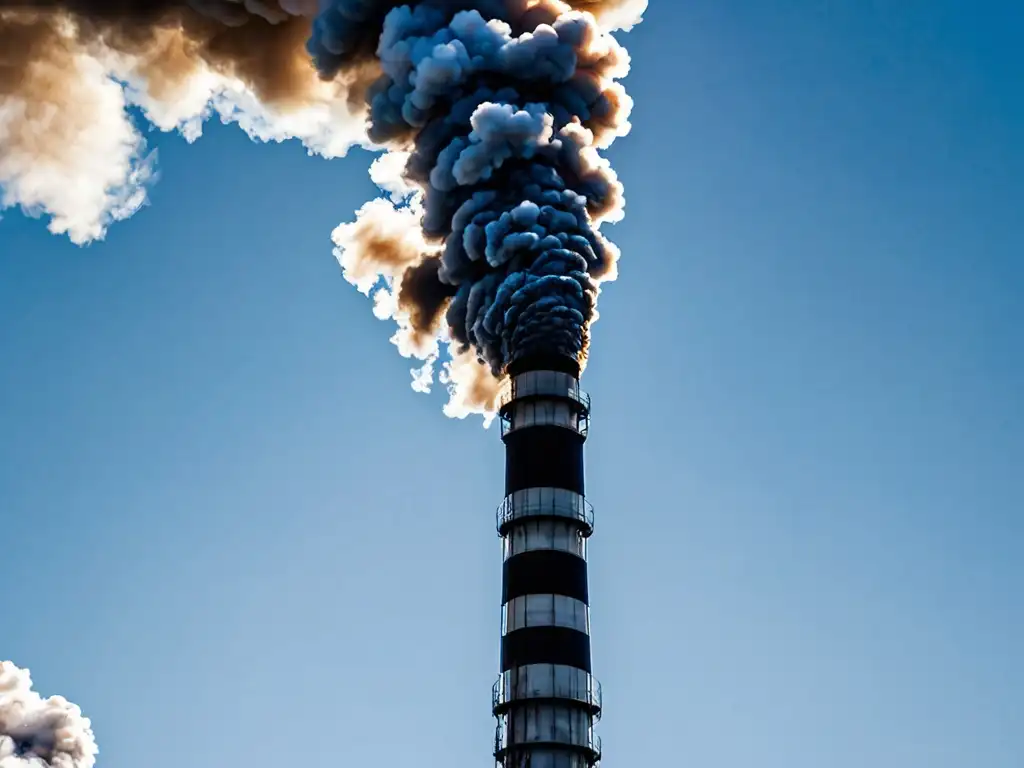 Una chimenea industrial emitiendo humo denso, contrastando con el cielo azul