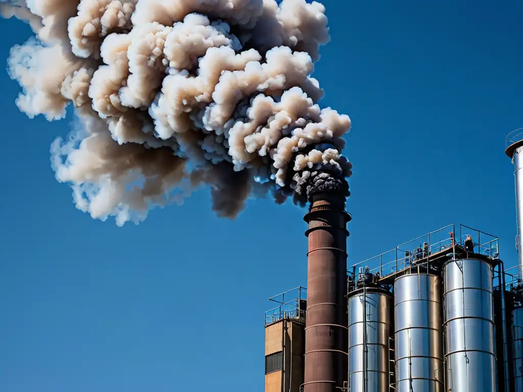 Una chimenea industrial moderna emite humo espeso sobre un cielo azul claro, mostrando el contraste entre la infraestructura y el cielo