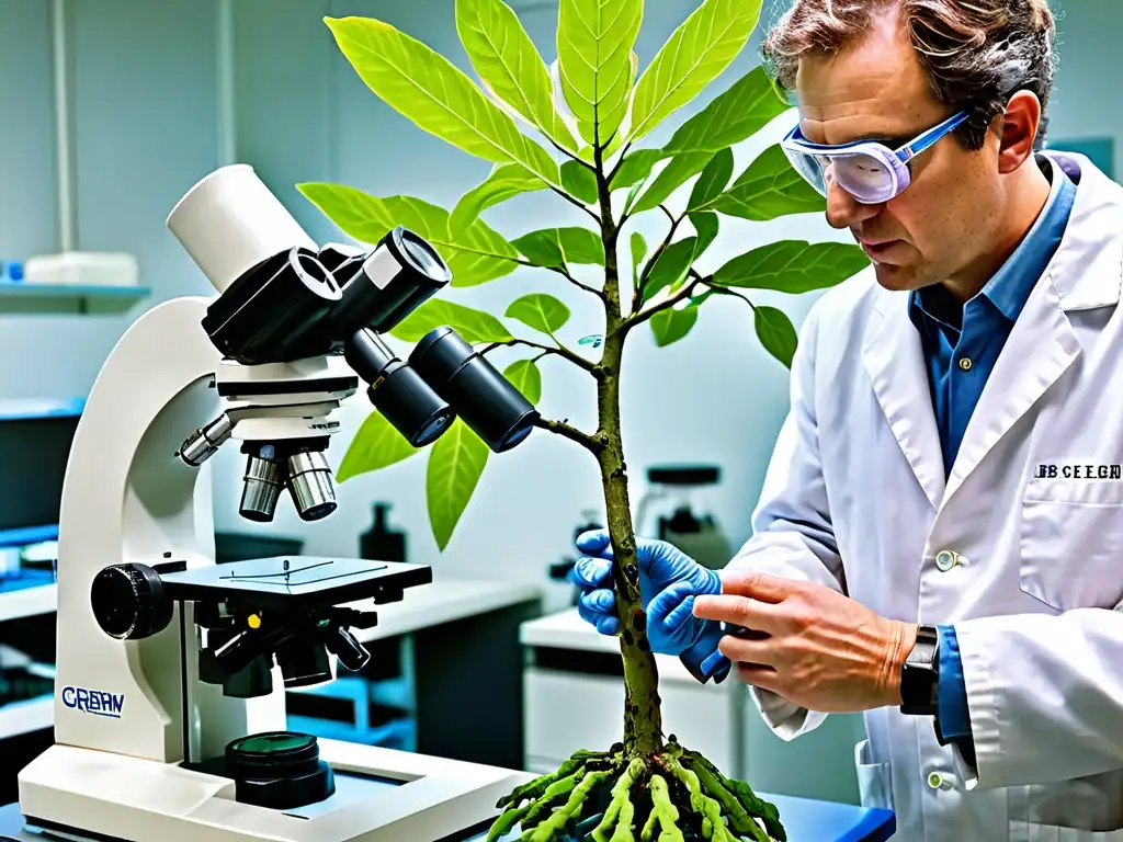 Un científico examina detalladamente un árbol genéticamente modificado en un laboratorio de biotecnología forestal