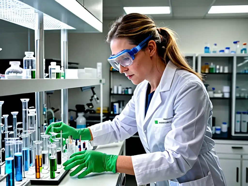 Un científico en bata blanca y gafas protectoras maneja con cuidado tubos de ensayo y equipos en un laboratorio moderno y bien iluminado