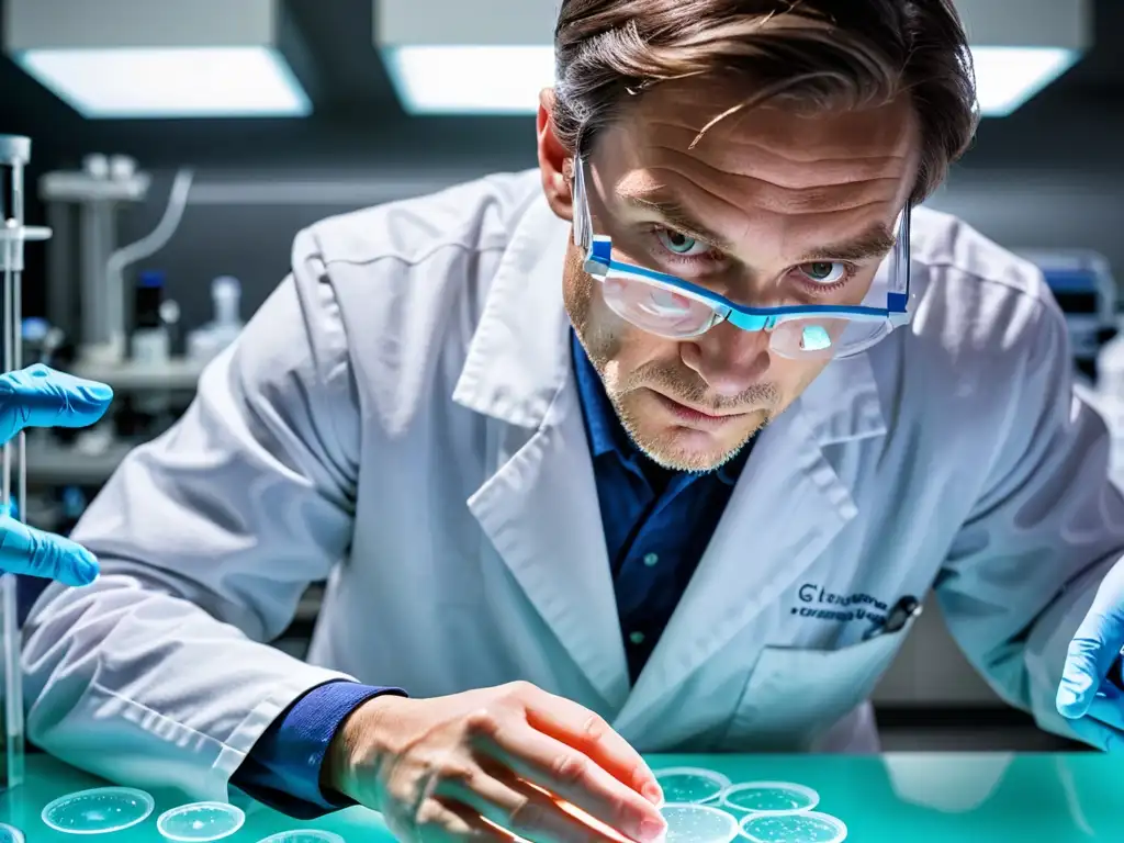 Un científico en bata de laboratorio manipula con cuidado un embrión en una placa de Petri en un entorno estéril y bien equipado