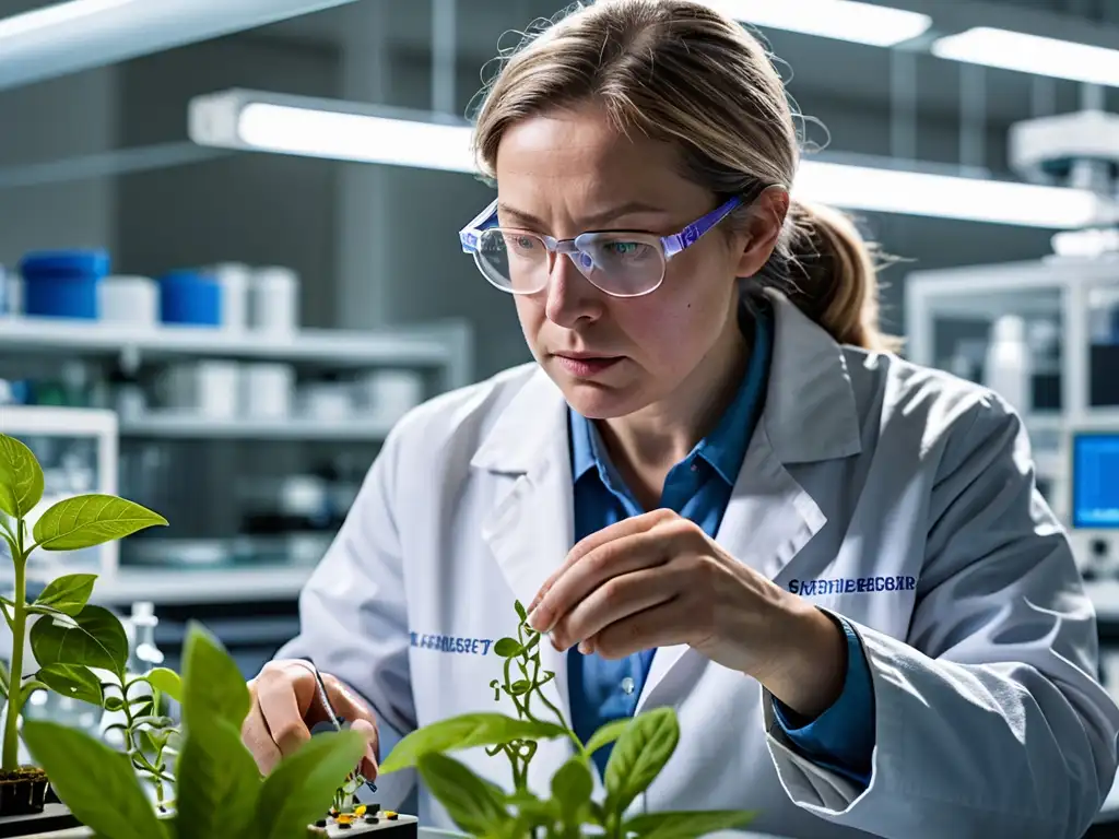 Un científico en bata de laboratorio realiza una edición genética precisa en una planta con tecnología CRISPR