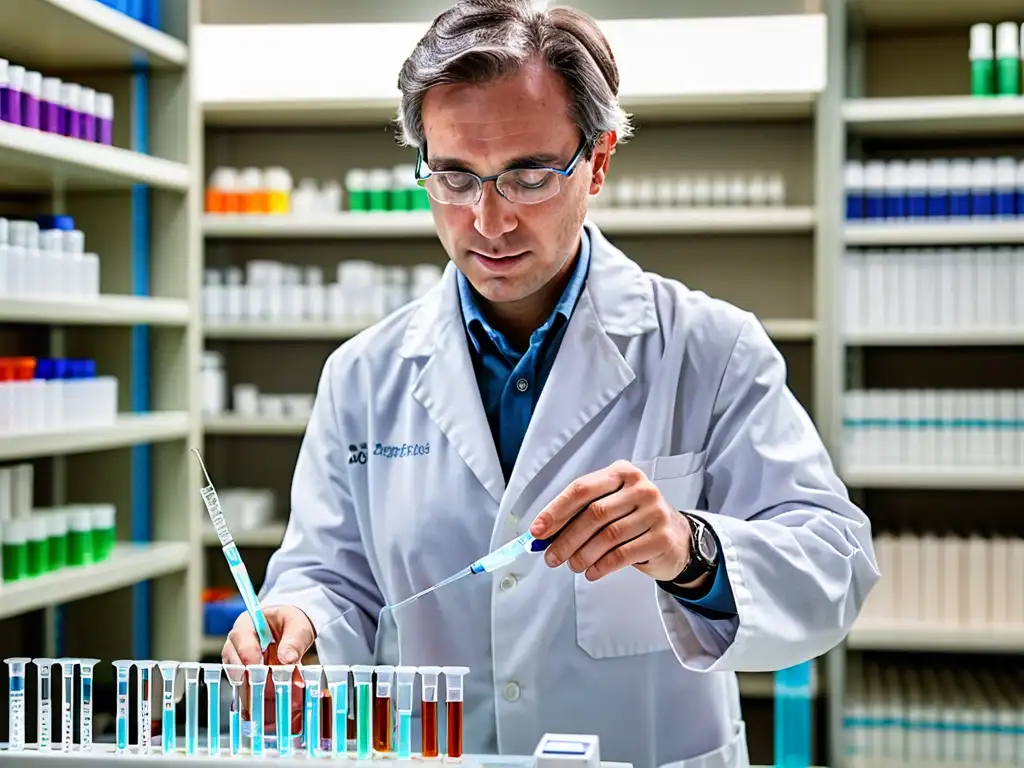 Un científico en bata de laboratorio utiliza una pipeta para transferir ADN a un tubo de ensayo