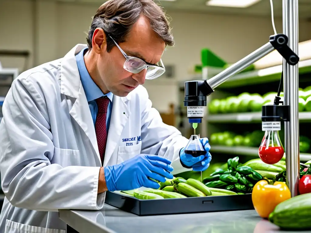 Un científico en bata de laboratorio mide residuos de pesticidas en productos frescos