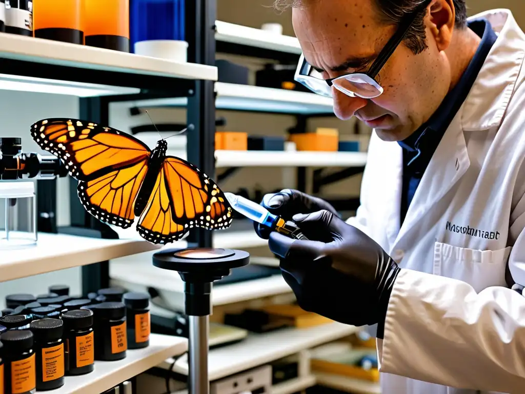 Un científico inserta con cuidado un dispositivo de rastreo en la ala de una mariposa monarca