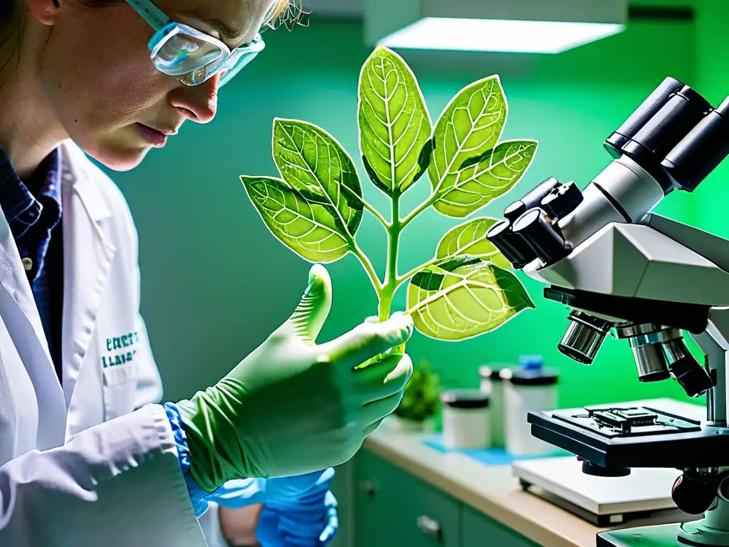 Un científico examina con cuidado una planta modificada genéticamente en un laboratorio