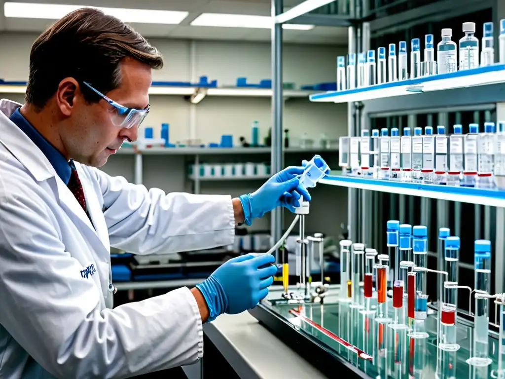 Un científico enfocado opera un avanzado dispositivo de prueba de agua en un laboratorio, con muestras de agua etiquetadas en segundo plano