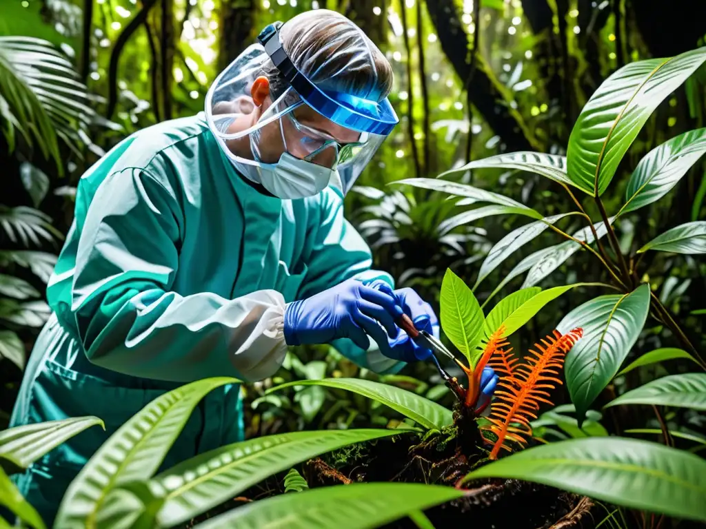 Un científico extrae cuidadosamente material genético de una exótica planta en la selva