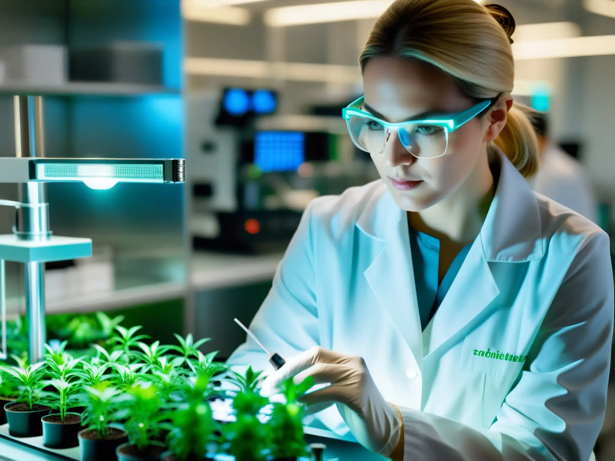 Un científico edita con precisión el código genético de una planta en un laboratorio de alta tecnología