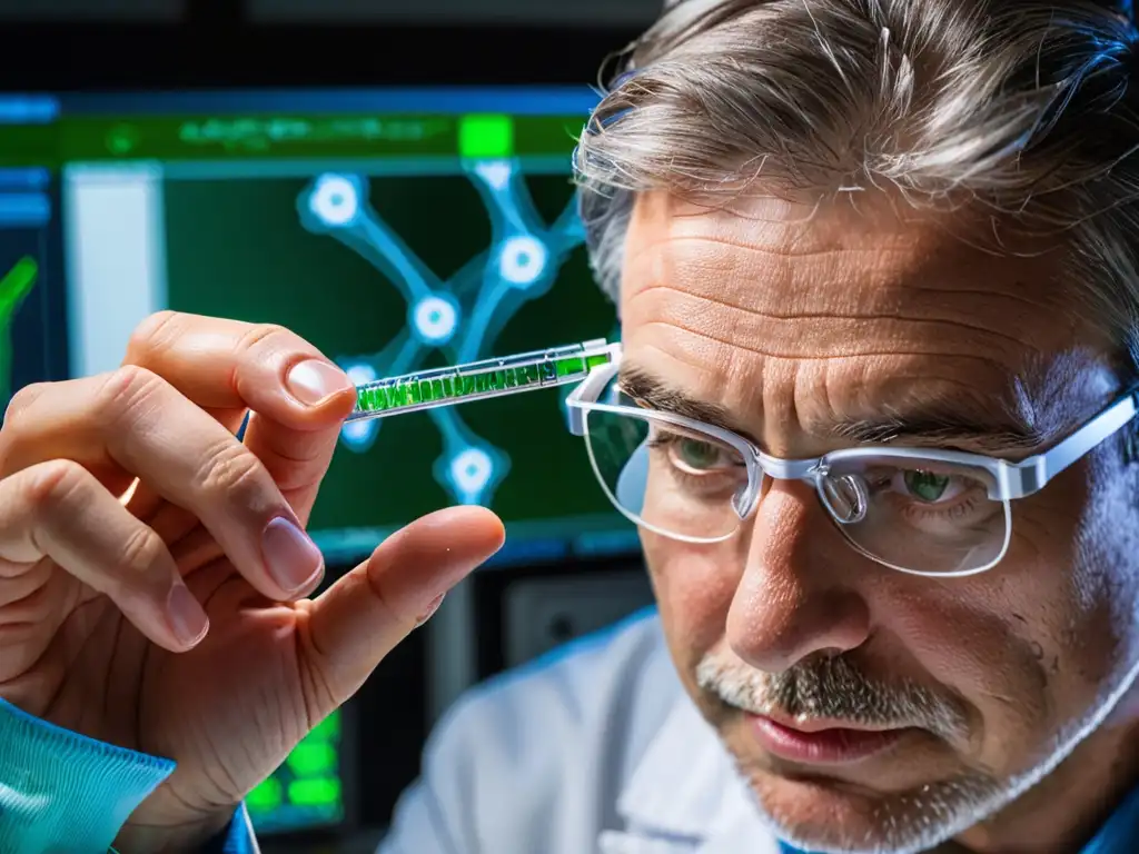 Un científico se concentra mientras edita ADN vegetal en un laboratorio, destacando la precisión y complejidad del análisis genético