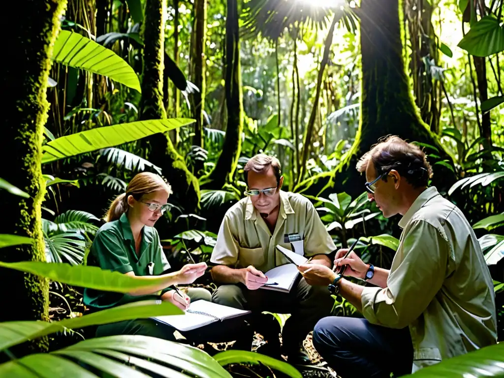 Científicos y ambientalistas investigan en una exuberante selva tropical, documentando especies