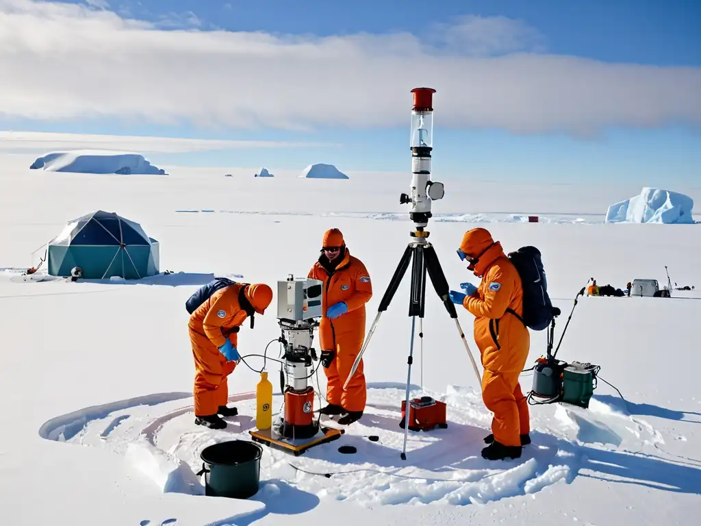 Científicos realizando mediciones atmosféricas en la remota Antártida para estudiar el impacto del Convenio de Viena sobre la Capa de Ozono