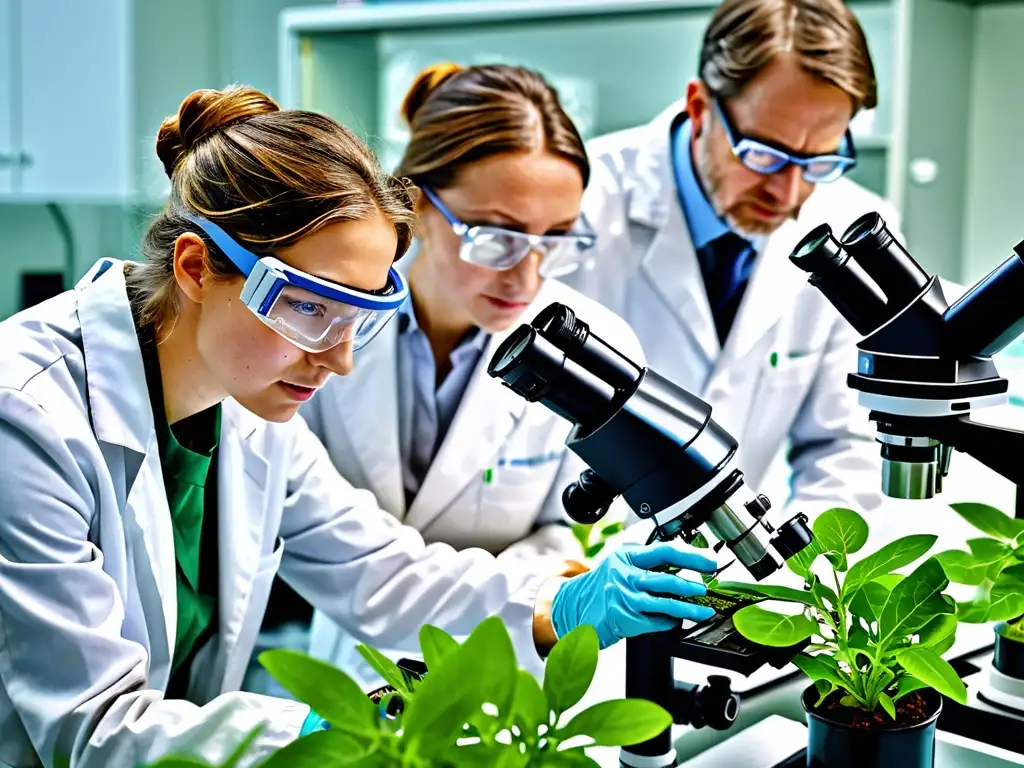 Científicos examinando muestras de plantas en laboratorio, destacando la precisión y tecnología de la biotecnología y conservación