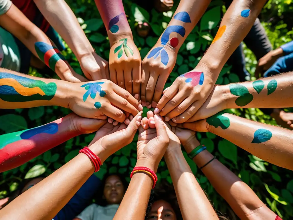 Un círculo de activistas ambientales con los puños en alto y rostros pintados, en un bosque