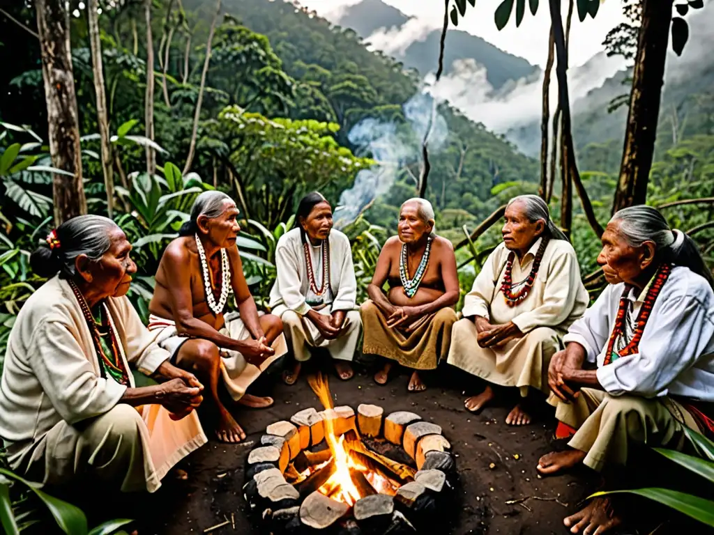 Círculo de ancianos indígenas alrededor del fuego en la selva, reflejando cosmovisión indígena políticas conservación ambiental