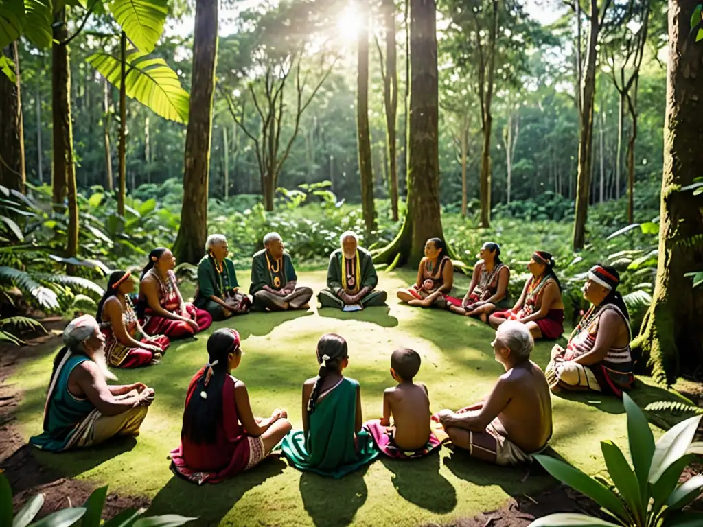 Un círculo de ancianos y niños indígenas comparten sabiduría ancestral en la selva