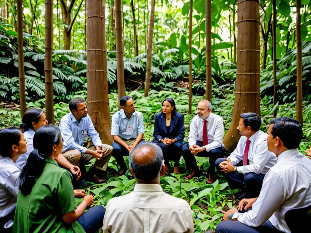 Un círculo de mediadores ambientales en un frondoso bosque, facilitando el diálogo entre partes interesadas