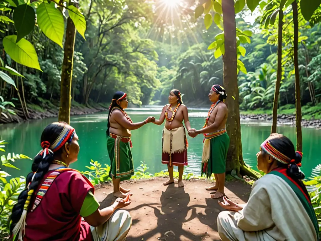 Un círculo de personas indígenas en la selva, escuchando con determinación